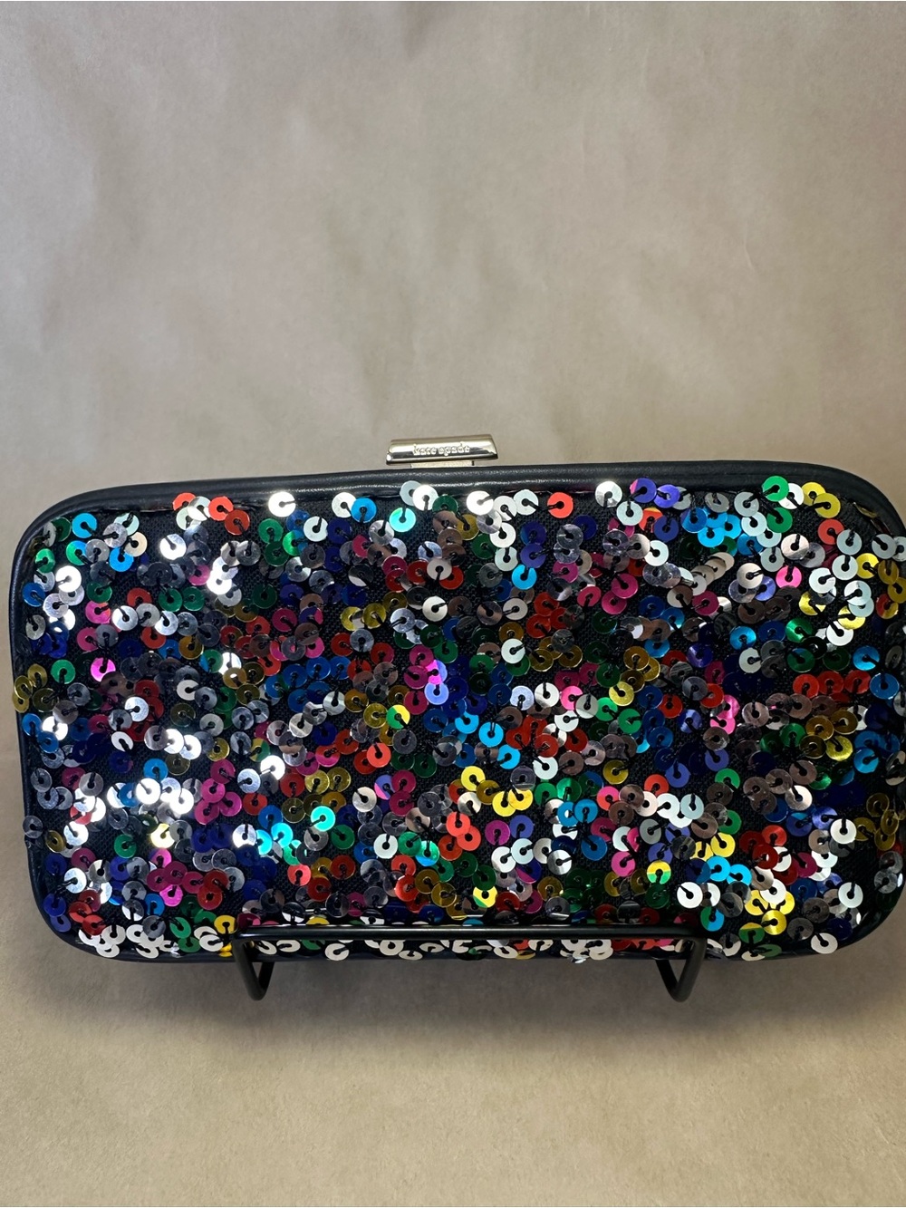 Kate Spade Multicolor Sequin Clutch Hard Case Evening Bag Black Frame